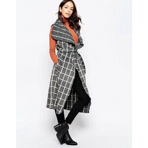 Mela Loves London Sleeveless Wool Blend Brush Woven Checked Gilet Coat One Size